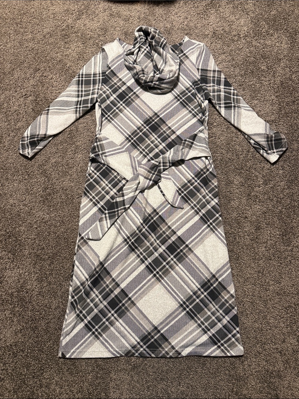Chetta B Gray Plaid Cowl Neck Long Sleeve Dress